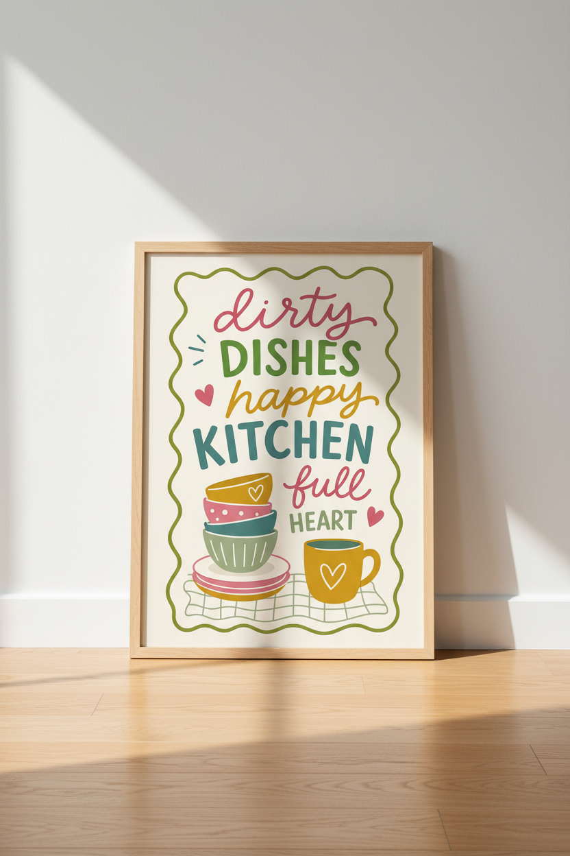 Kitchen Quote Wall Art Print | Colorful Hand Drawn Poster, Happy Home Decor