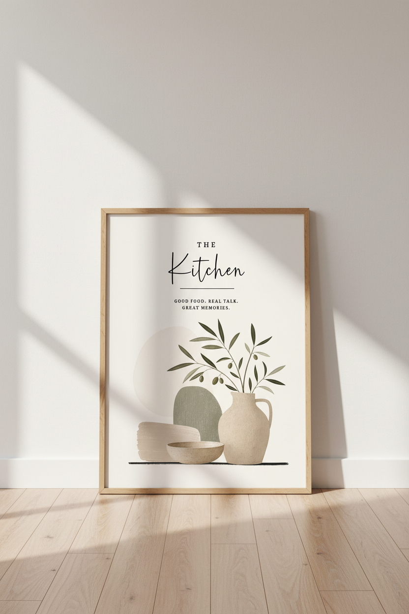 The Kitchen Wall Art | Minimalist Olive Print, Neutral Farmhouse Decor