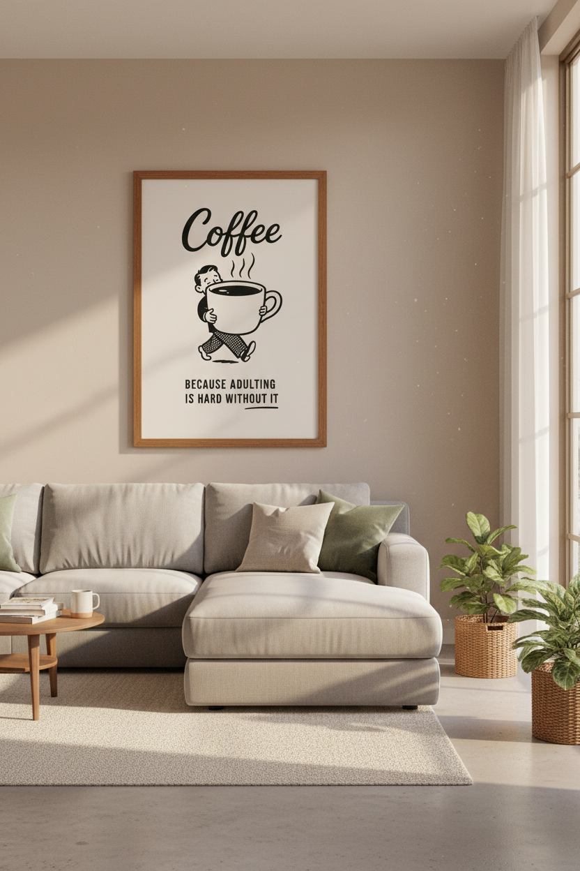 Funny Coffee Quote Wall Art | Retro Kitchen Poster | Mid-Century Adulting Print