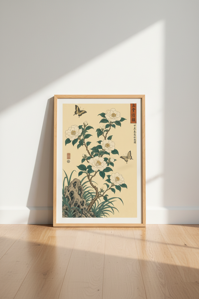 Japanese Camellia Butterfly Art | Floral Woodblock Print, Zen Living Room Decor
