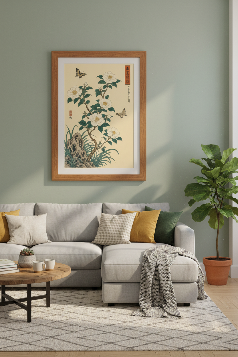 Japanese Camellia Butterfly Art | Floral Woodblock Print, Zen Living Room Decor