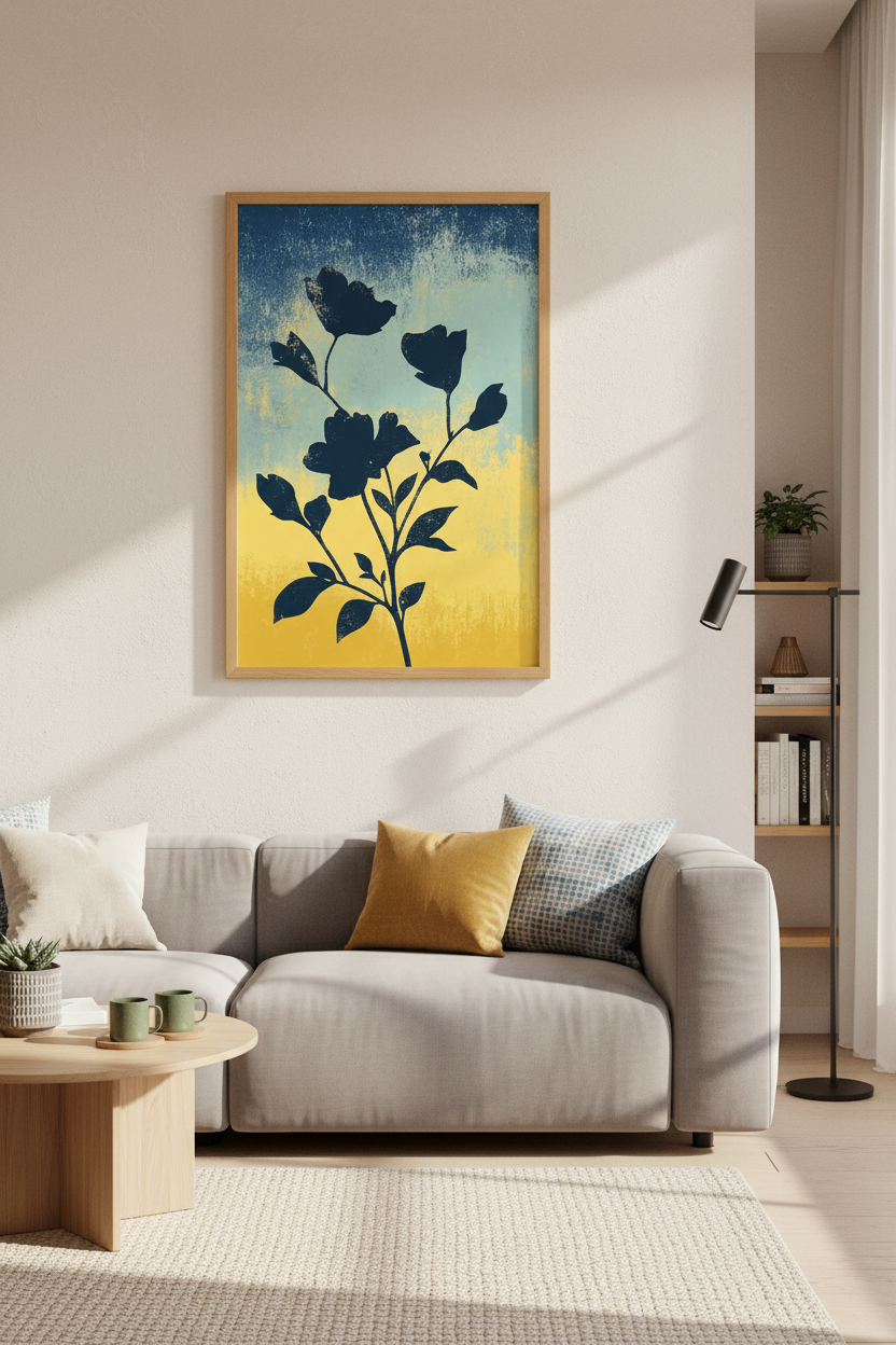Abstract Navy Floral Silhouette | Blue and Yellow Botanical Print, Modern Living Room Art