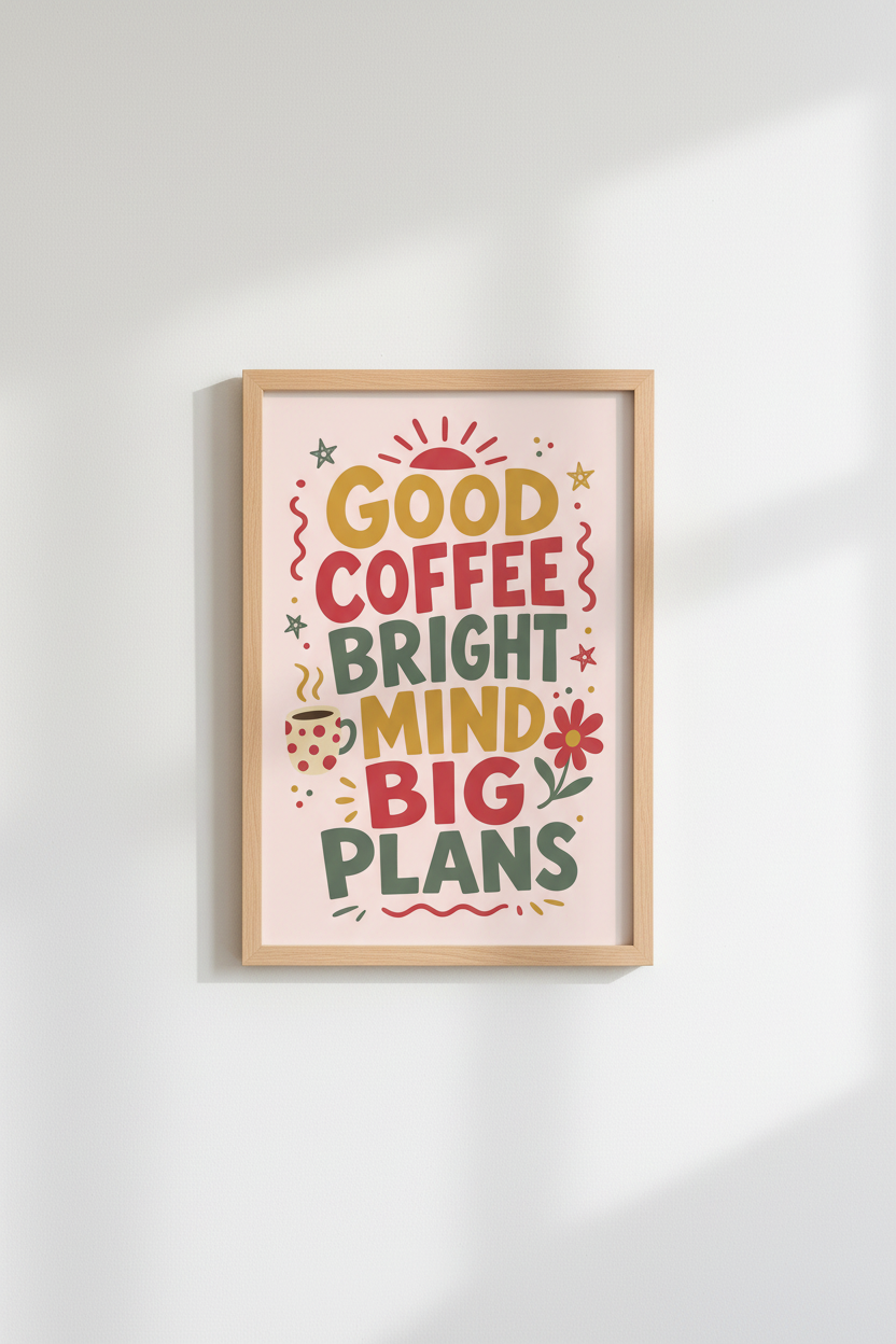 Good Coffee Bright Mind Poster | Retro Boho Typography Print, Office Decor