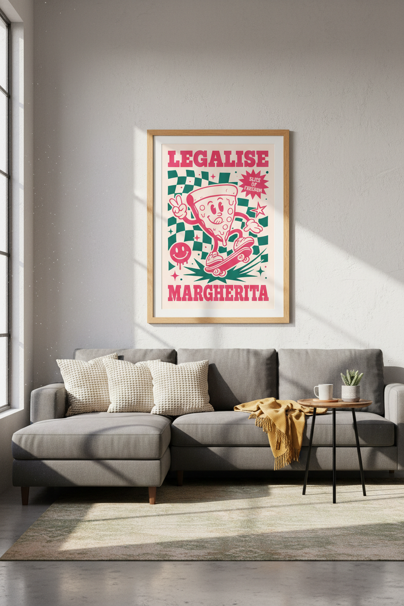 Retro Pizza Skate Wall Art | Pink Green Kitchen Decor | Funny Cartoon Poster