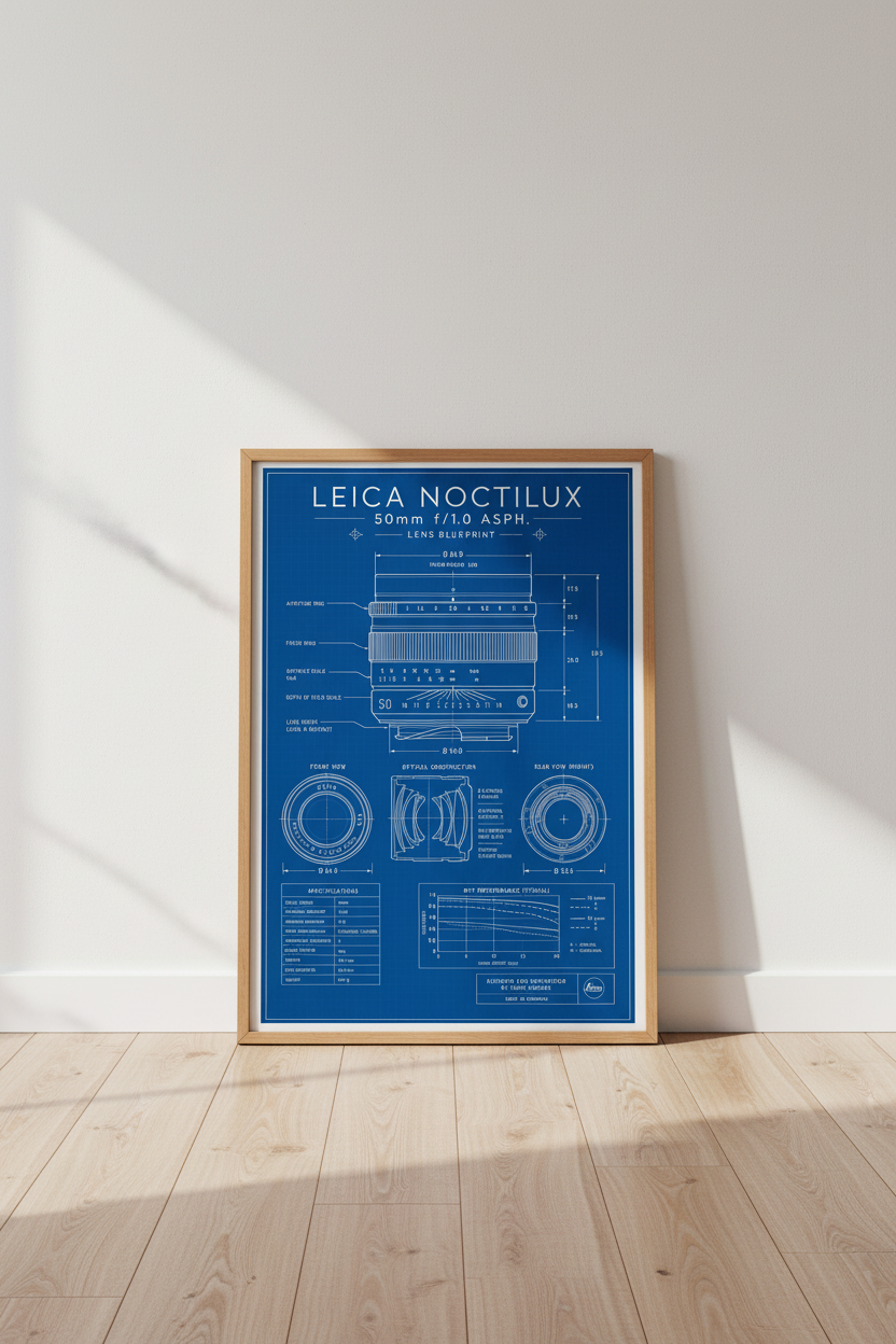 Leica Noctilux 50mm Lens Blueprint Wall Art | Studio Decor | Camera Poster