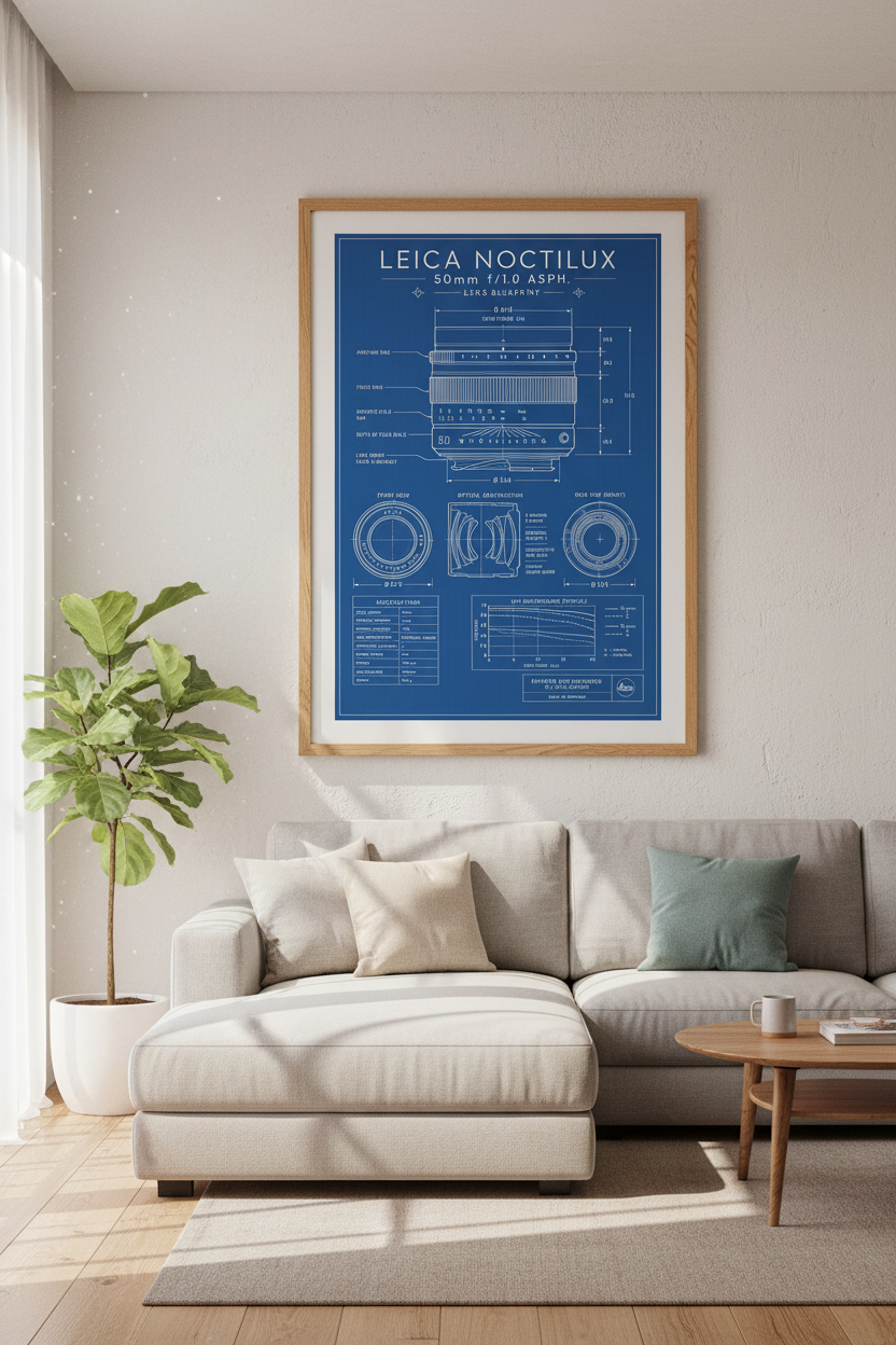 Leica Noctilux 50mm Lens Blueprint Wall Art | Studio Decor | Camera Poster