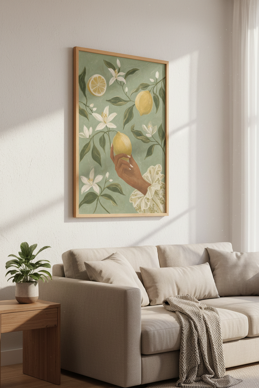 Lemon Harvest Wall Art | Sage Green Botanical Print, Kitchen Decor Poster