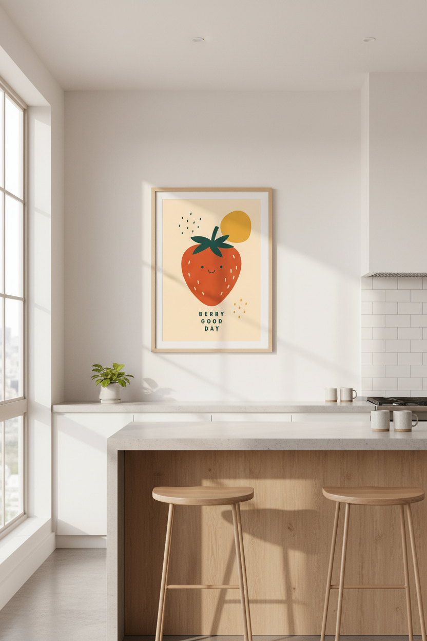 Strawberry Wall Art Print | Cute Fruit Kitchen Decor | Retro Nursery Poster