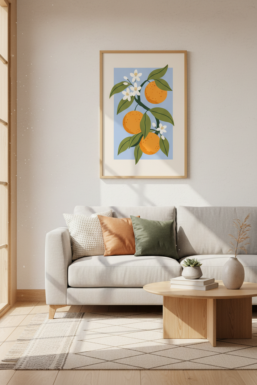 Citrus Wall Art | Modern flat colors, blue backdrop | Kitchen Decor