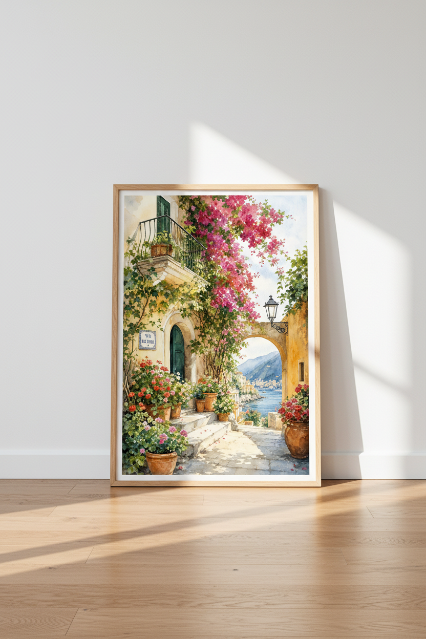 Italian Coastal Watercolor Wall Art | Mediterranean Street Decor | Aesthetic Travel Poster