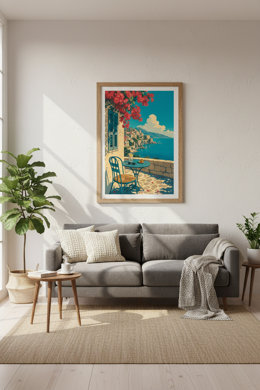Amalfi Coast Terrace Art Print | Mediterranean View Poster | Coastal Italian Decor
