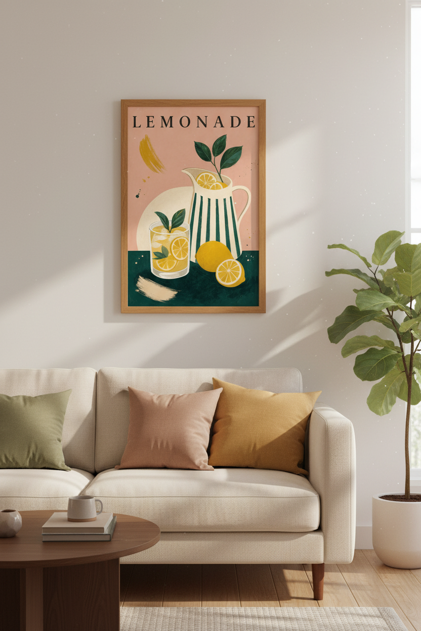 Lemonade Still Life Art | Pink & Yellow Citrus Decor, Kitchen Poster