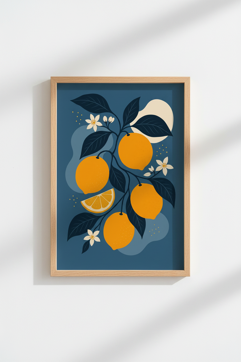 lemon wall art print | Modern blue palette, Living Room Decor | Minimalist Citrus Poster
