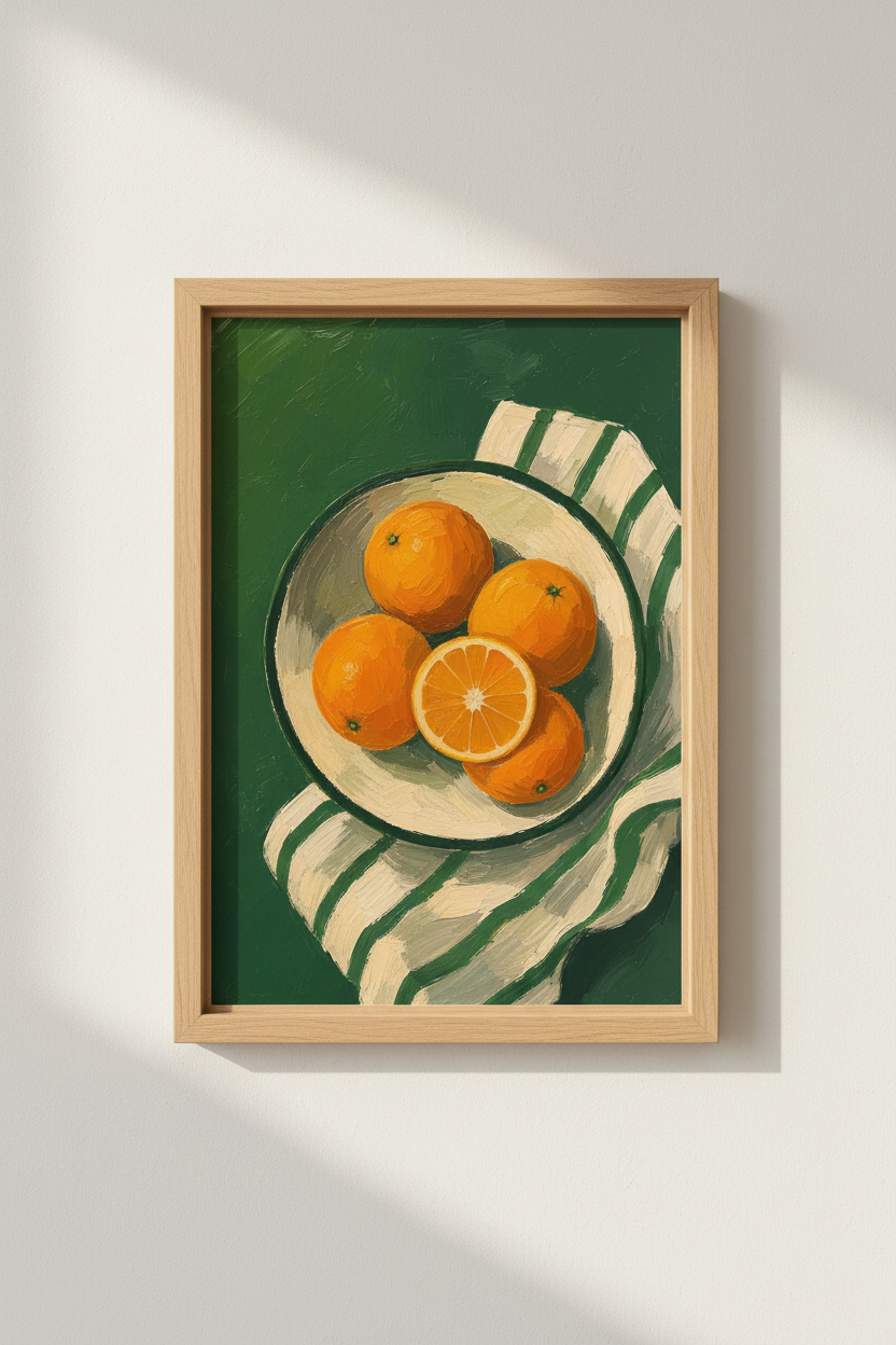 Orange Still Life Wall Art | Green Kitchen Decor | Impasto Fruit Poster