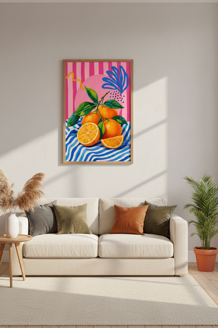 Mediterranean Oranges Wall Art | Pink Striped Fruit Print, Bold Kitchen Decor