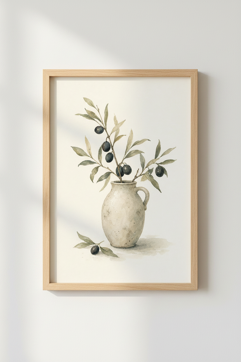 Olive Branch Watercolor Print | Rustic Mediterranean Decor | Farmhouse Poster