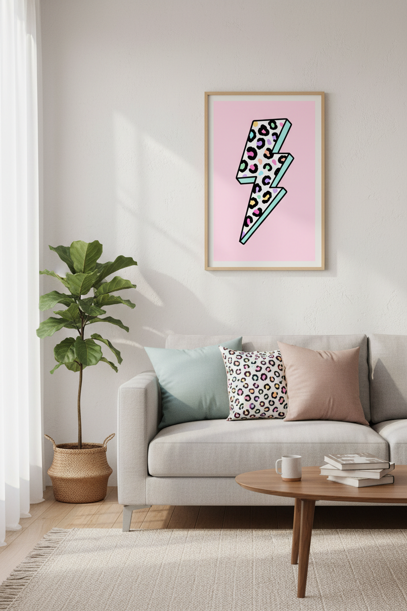 Preppy Lightning Bolt Print | Pastel Leopard Cheetah Wall Art | Dorm & Teen Room Decor