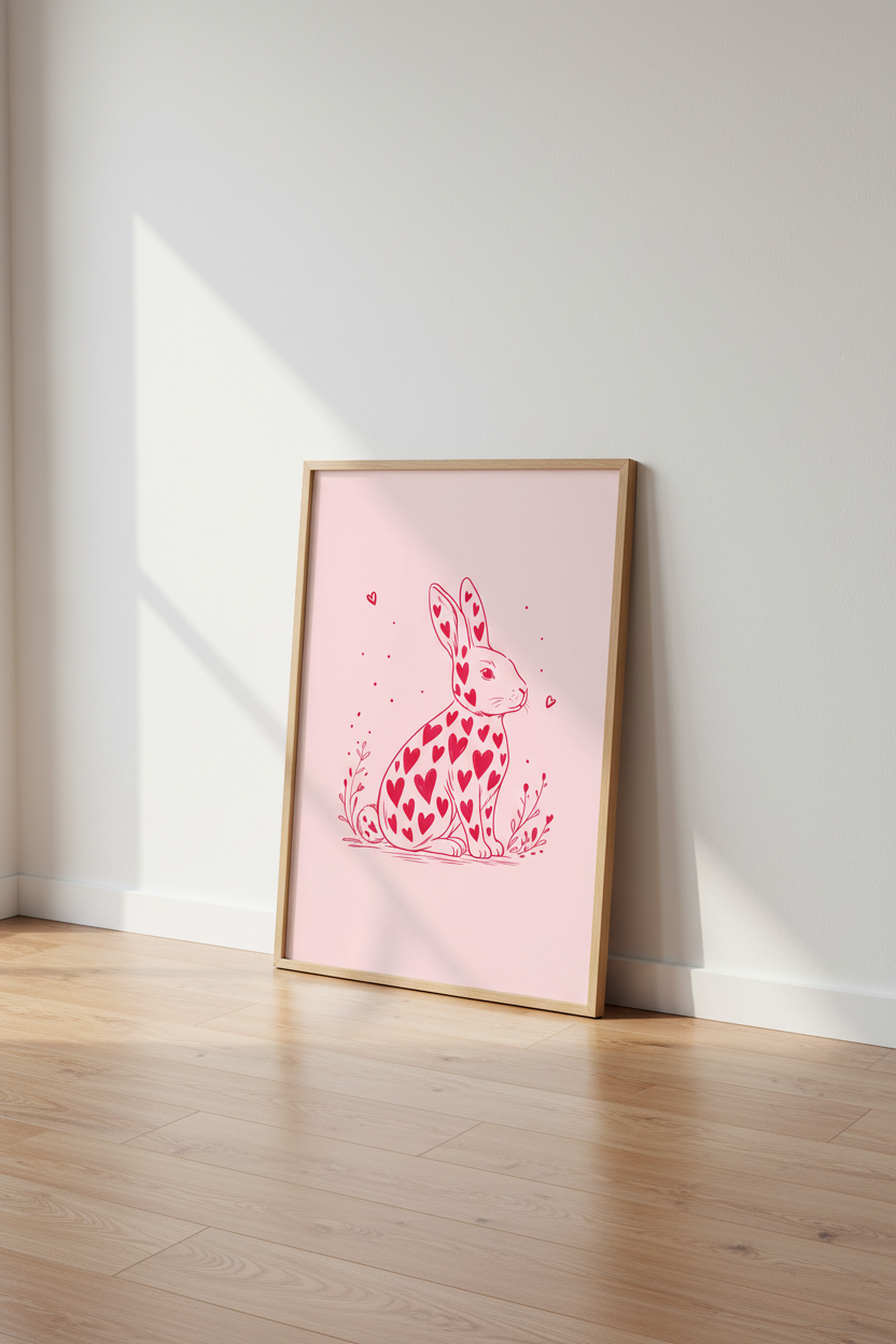 Heart Bunny Wall Art Print | Pink Nursery Decor | Whimsical Rabbit Poster