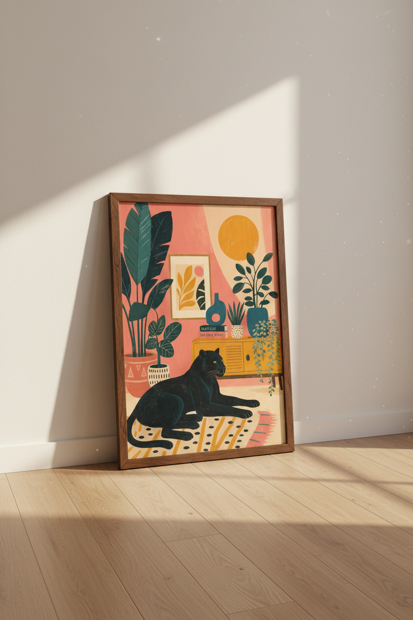 Black Panther Botanical Wall Art | Pink Matisse Style Decor | Maximalist Poster