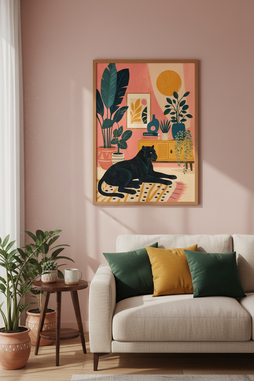 Black Panther Botanical Wall Art | Pink Matisse Style Decor | Maximalist Poster