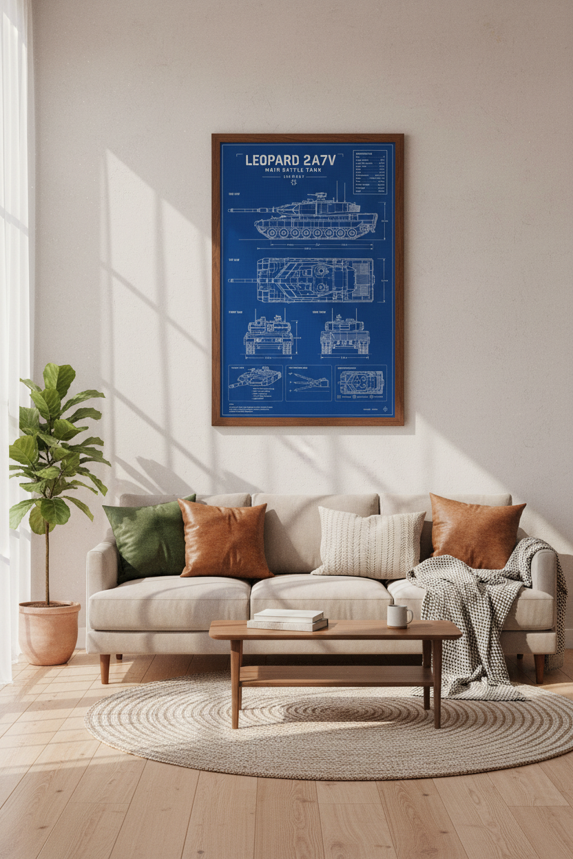 Leopard 2A7V Tank Blueprint | Military Tech Wall Art, Man Cave Decor