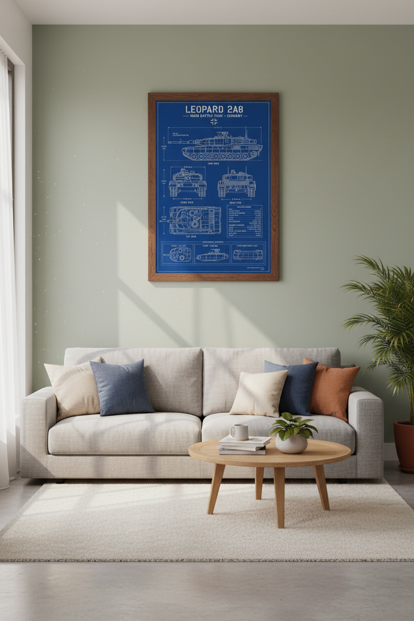 Leopard 2A8 Tank Blueprint Wall Art | Military Technical Poster | Office Decor