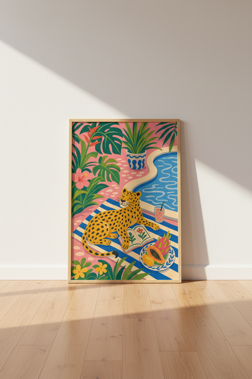 Leopard Poolside Wall Art | Pink Tropical Jungle Print, Maximalist Decor