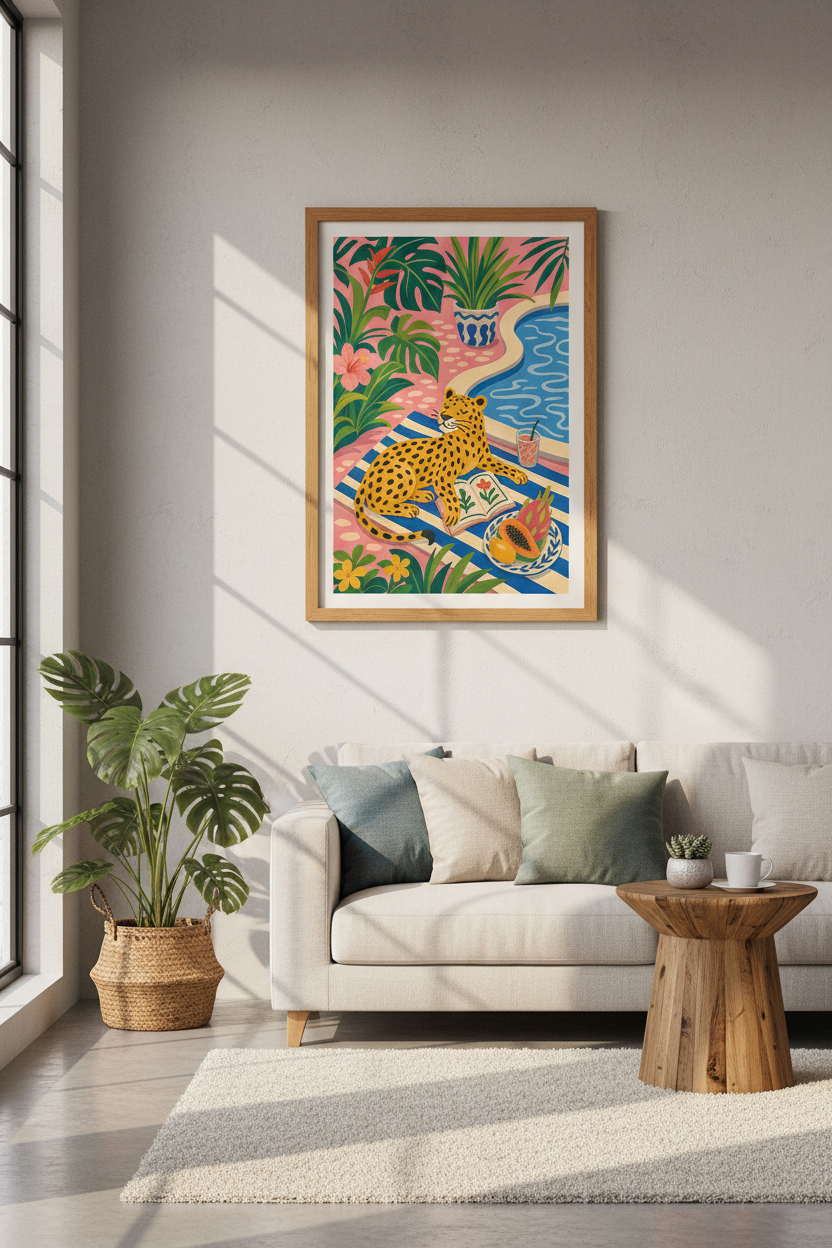 Leopard Poolside Wall Art | Pink Tropical Jungle Print, Maximalist Decor