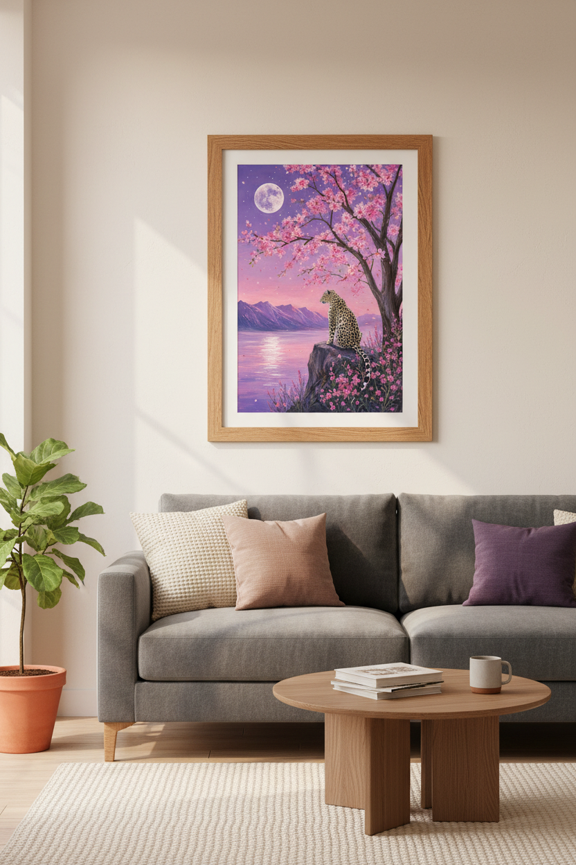 Japanese Leopard Wall Art | Cherry Blossom Moon Aesthetic, Purple Dreamy Poster