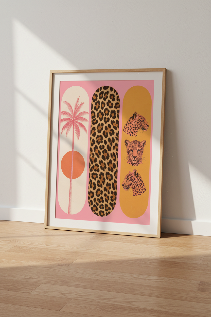 Pink Leopard Wall Art | Maximalist Skateboard Deck Poster, Pink Tropical Decor
