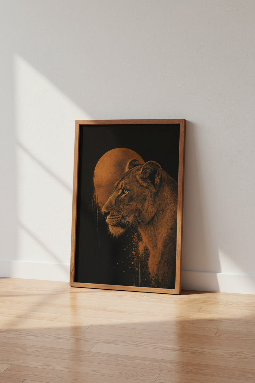 Lioness Moon Wall Art | Copper & Black Animal Poster, Living Room Modern Safari Decor