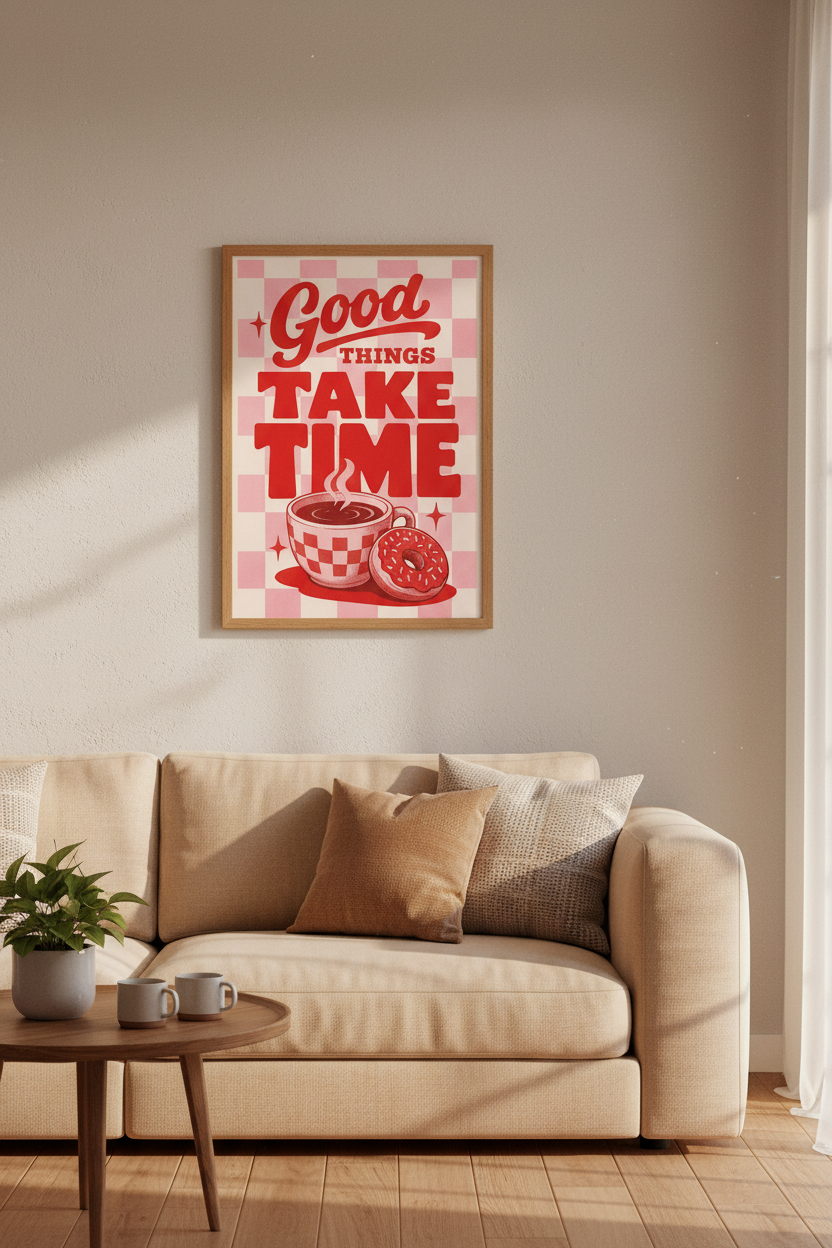 Good Things Take Time Print | Retro Coffee & Donut Wall Art, Pink Checkered Decor