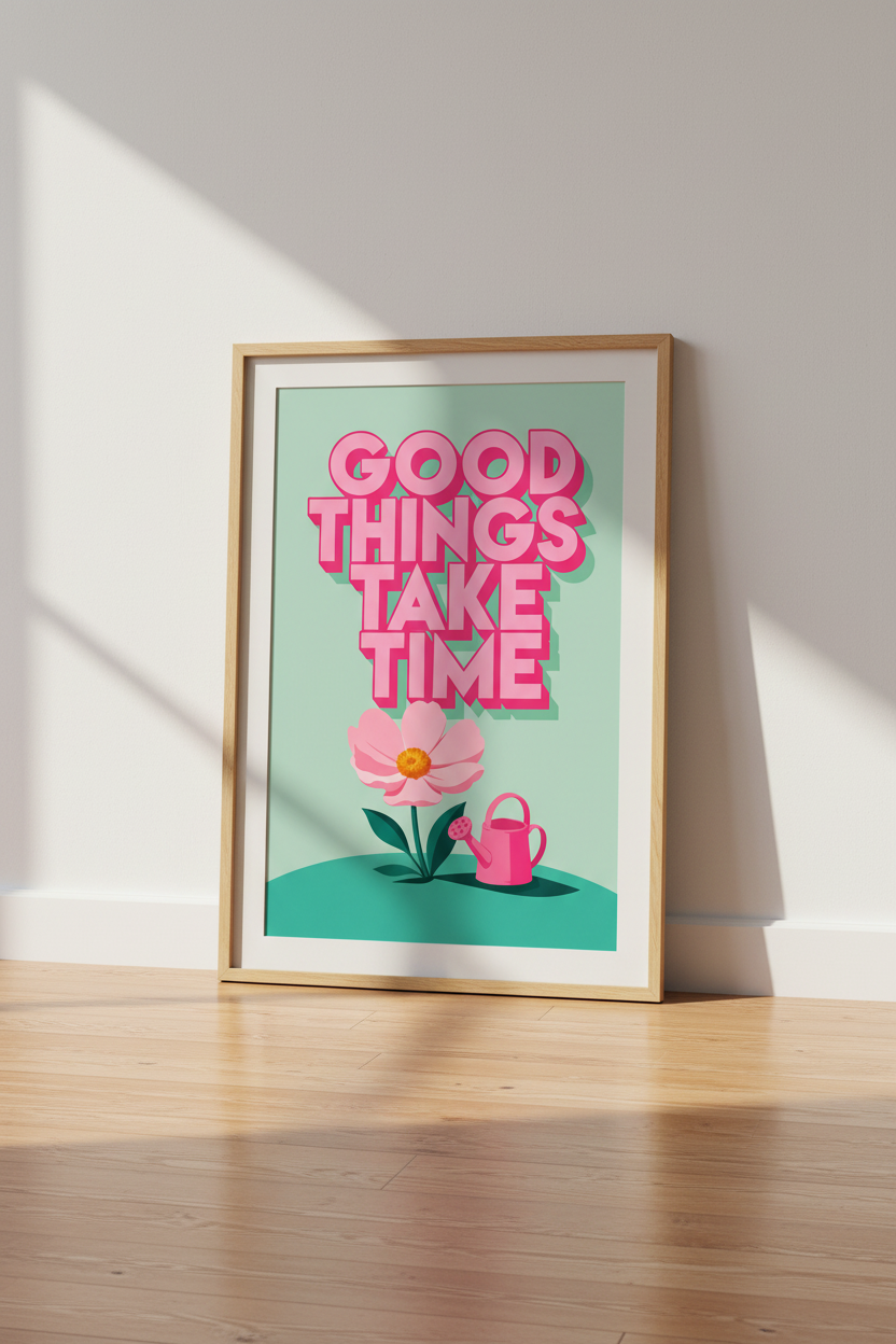 Retro Aesthetic Art Print | Pink Floral Quote Poster | Cute Good Things Take Time Wall Art