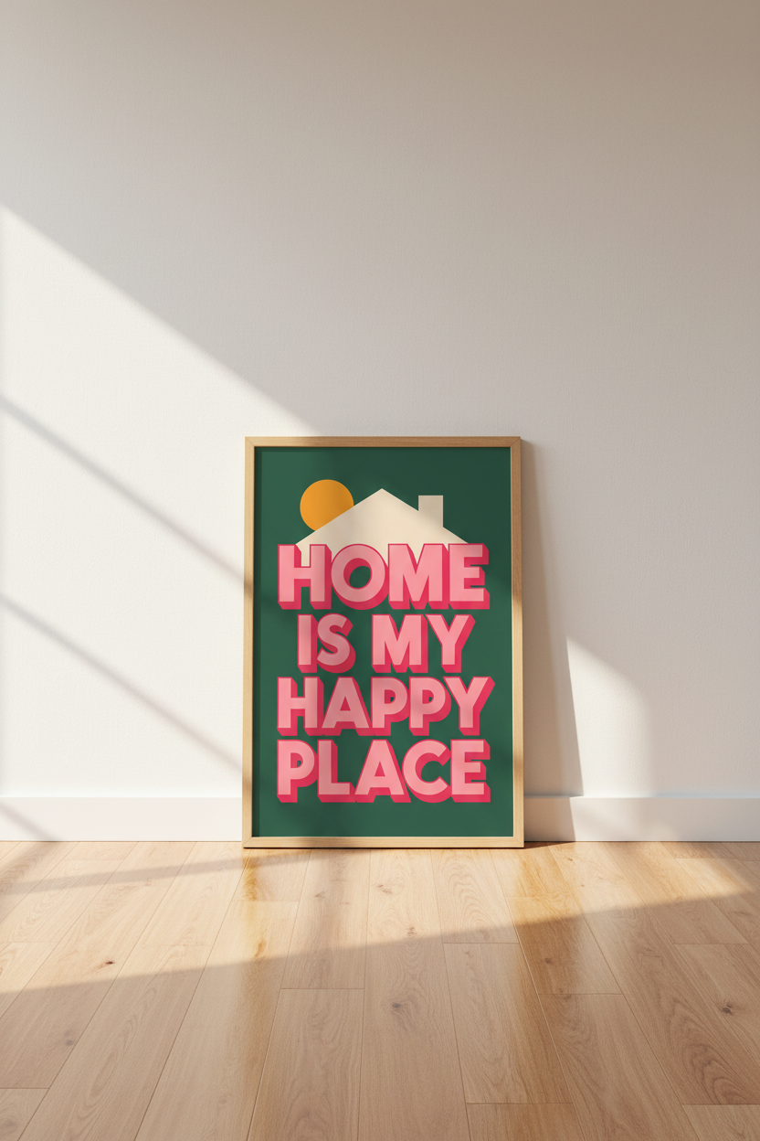 Colorful Quote Wall Art | Retro Happy Place Quote Print, Green and Pink Home Decor