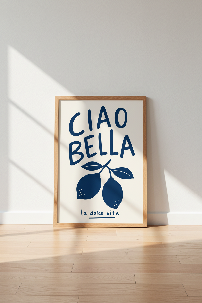 Ciao Bella Lemon Wall Art | Navy Italian Decor | Mediterranean Poster
