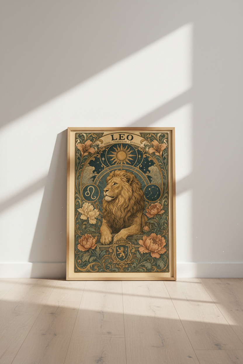 Leo Zodiac Sign Wall Art | Art Nouveau Lion Poster | Celestial Home Decor