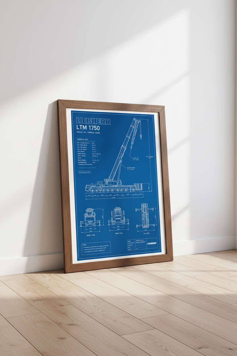 Liebherr LTM 1750 Crane Blueprint | Industrial Blue Wall Art, Office Decor Poster