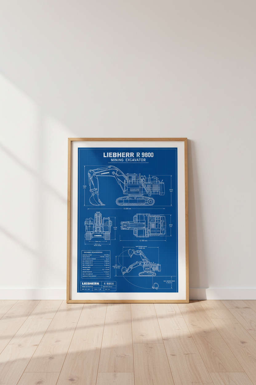 Liebherr R 9800 Excavator Blueprint | Industrial Office Decor | Mining Poster