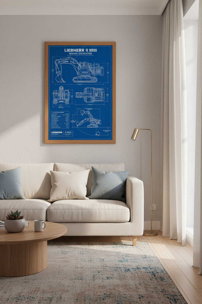 Liebherr R 9800 Excavator Blueprint | Industrial Office Decor | Mining Poster