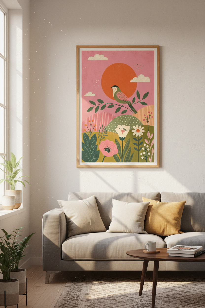 Folk Art Bird & Sunset Wall Art Print | Nursery Garden Decor | Boho Nature Poster