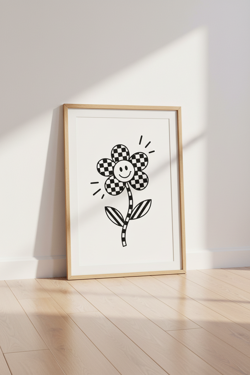 Retro Smiley Face Flower Wall Art | Checkered Black and White | Groovy Dorm Decor