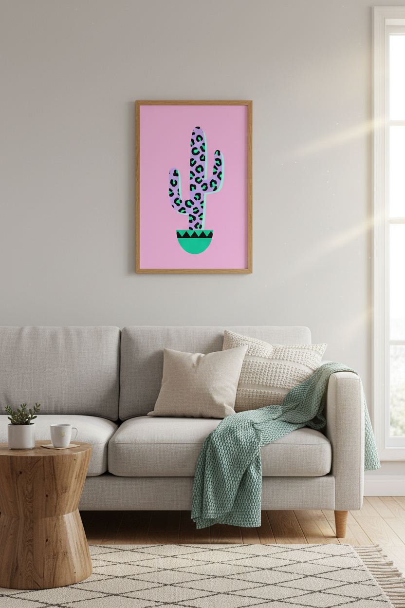 Bold Leopard Cactus Art Print | Funky Pink Desert Decor | Maximalist Poster