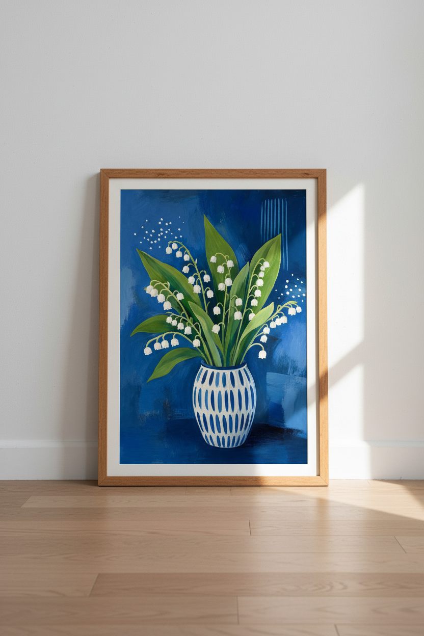 Lily of the Valley Art | Blue Botanical Still Life, Bedroom Wall Decor