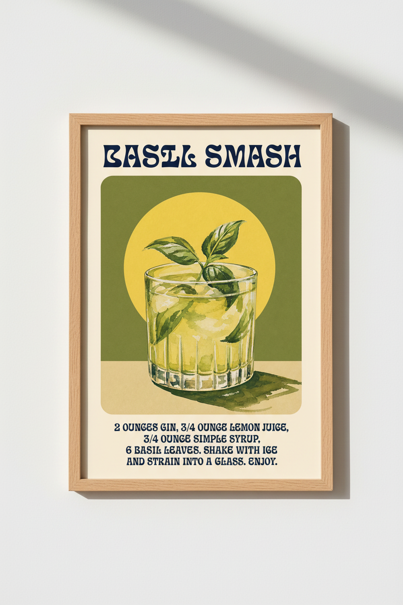 Cocktail Wall Art Print | Basil Smash Drink Poster | Retro Kitchen Decor