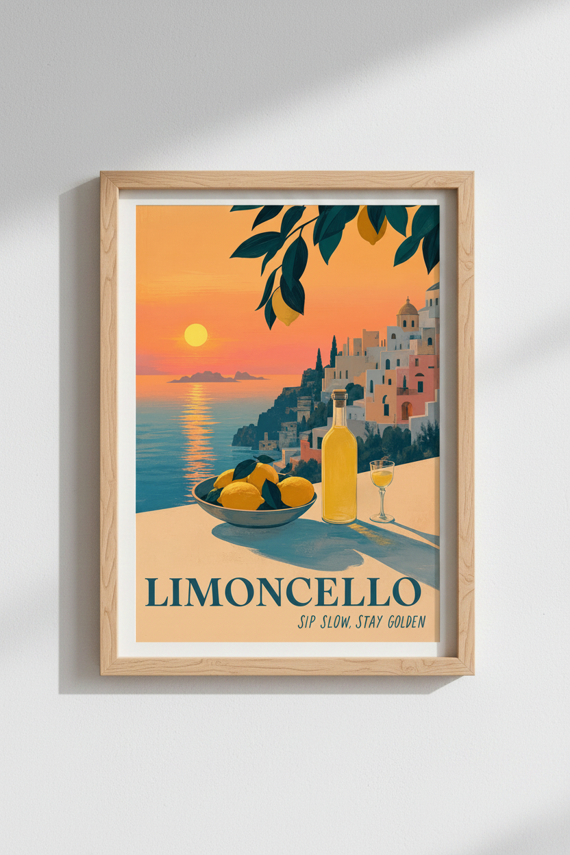 Limoncello Italian Print | Amalfi Coast Kitchen Decor | Mediterranean Sunset Poster