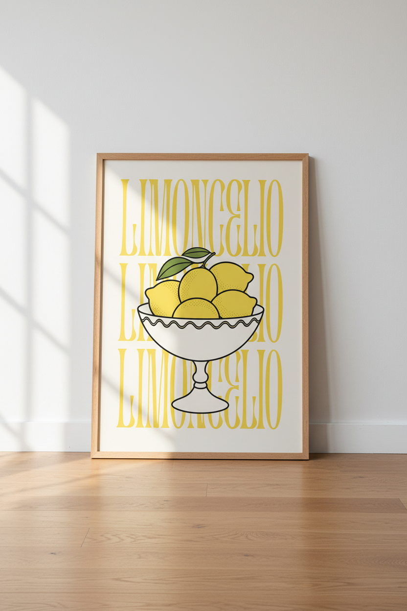 Retro Lemon Kitchen Print | Mediterranean Limoncello Poster | Yellow Food Art