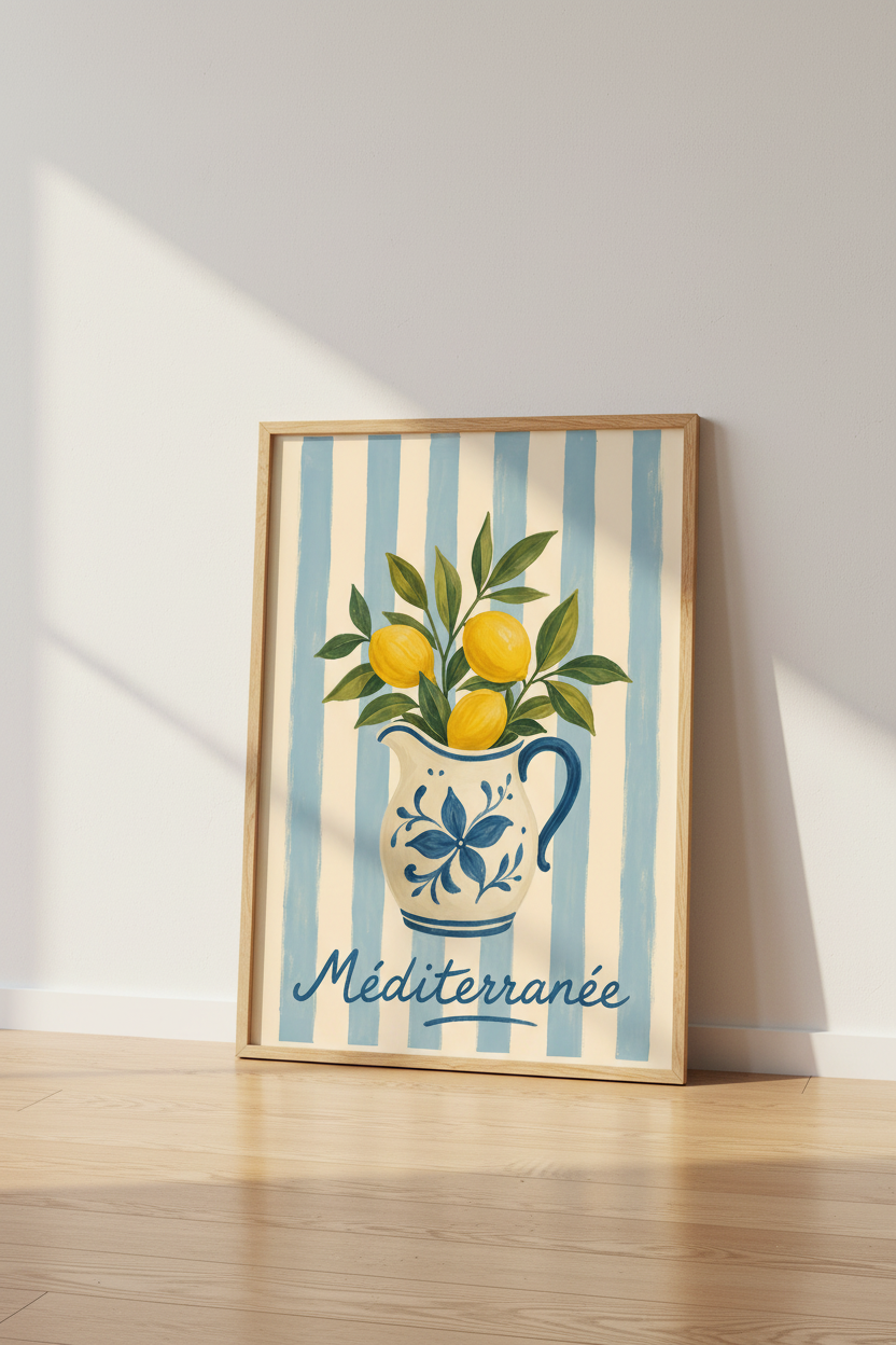 Mediterranean Lemon Print | Blue and White Coastal Kitchen Decor | Botanical Poster Print