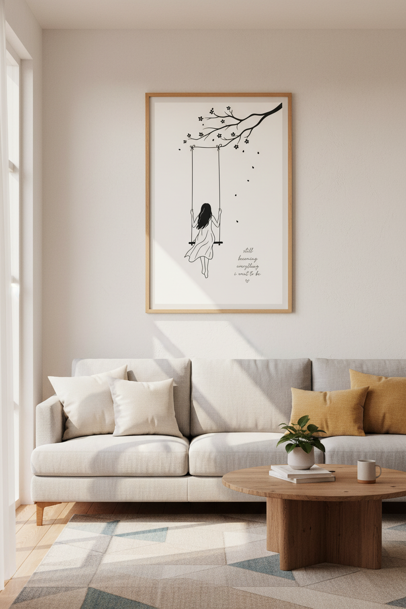 Minimalist Line Art Print | Inspirational Quote, Girl on Swing Modern Bedroom Wall Decor