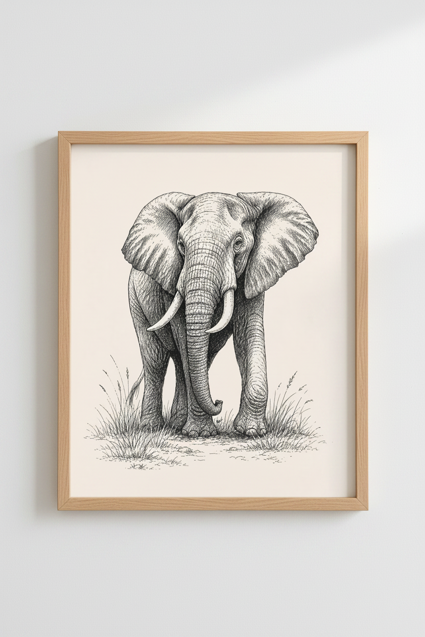 Elephant Sketch Wall Art | Ink Illustration, Living Room Decor | Animal Poster