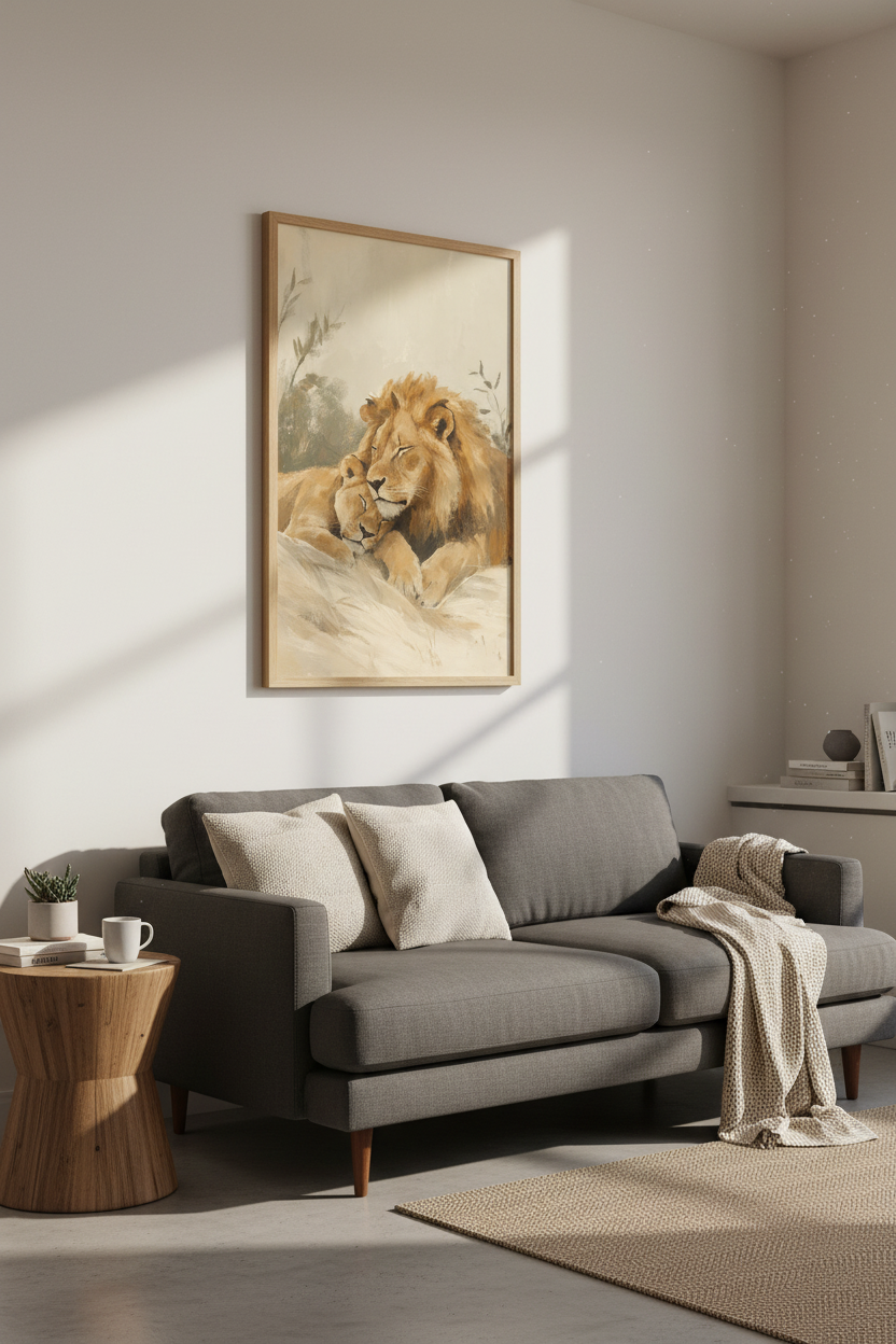 Lion and Cub Oil Painting | Neutral Safari Nursery Decor, Minimalist Animal Art